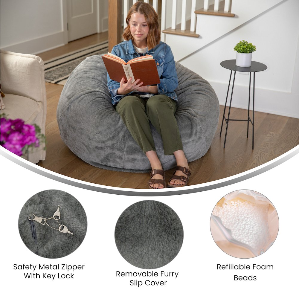 Duncan Oversized Gray Furry Refillable Bean Bag Chair for All Ages. Picture 5