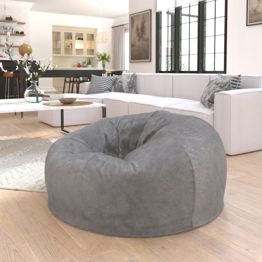 Duncan Oversized Gray Furry Refillable Bean Bag Chair for All Ages. Picture 2
