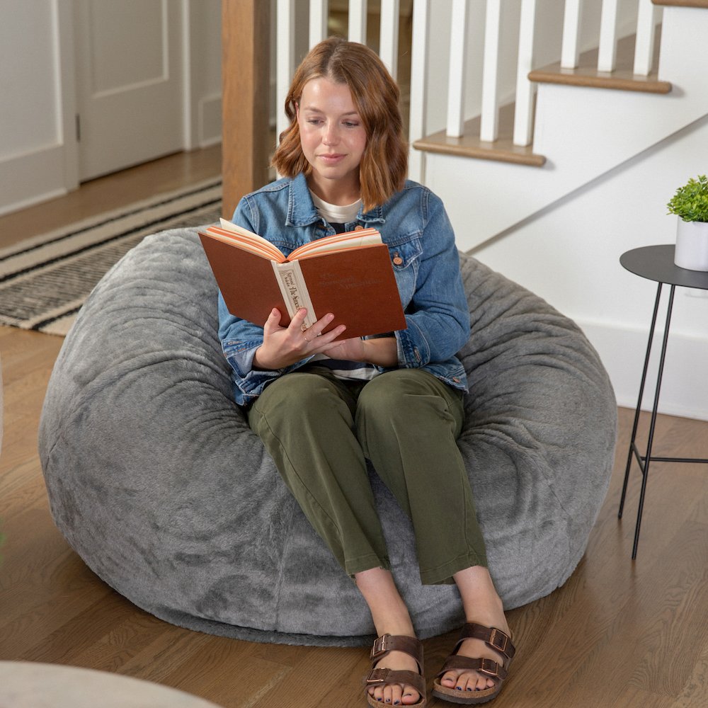 Duncan Oversized Gray Furry Refillable Bean Bag Chair for All Ages. Picture 3