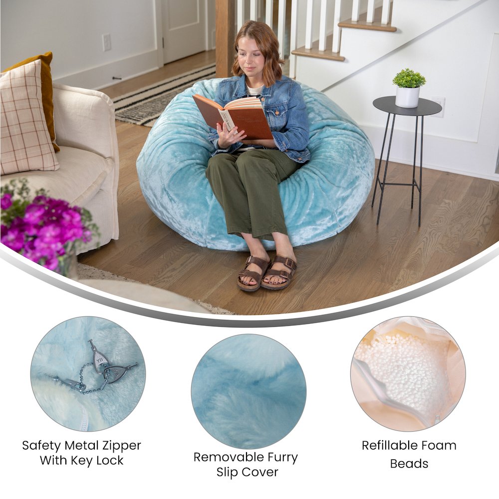 Duncan Oversized Teal Furry Refillable Bean Bag Chair for All Ages. Picture 5