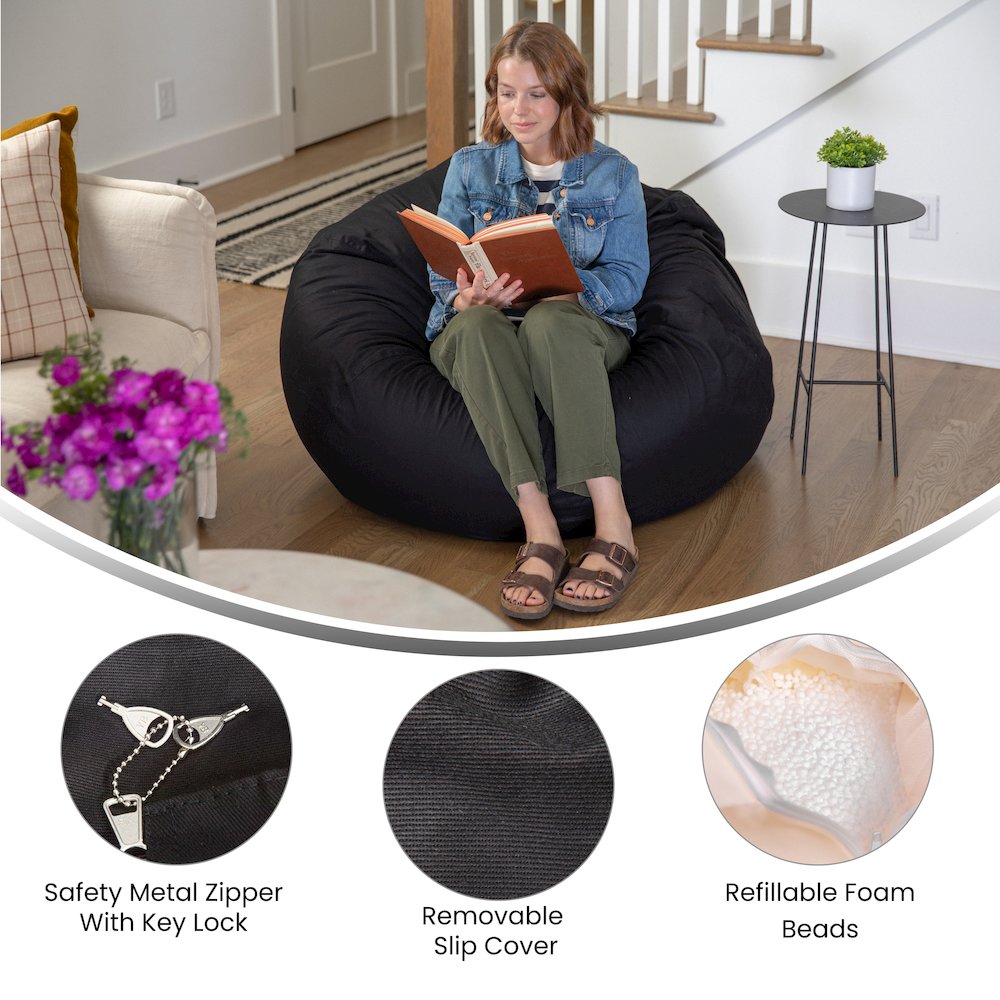 Duncan Oversized Solid Black Refillable Bean Bag Chair for All Ages. Picture 5