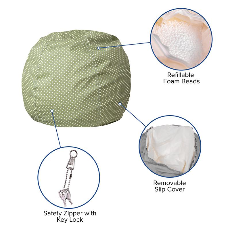 Small Green Dot Refillable Bean Bag Chair for Kids and Teens. Picture 5