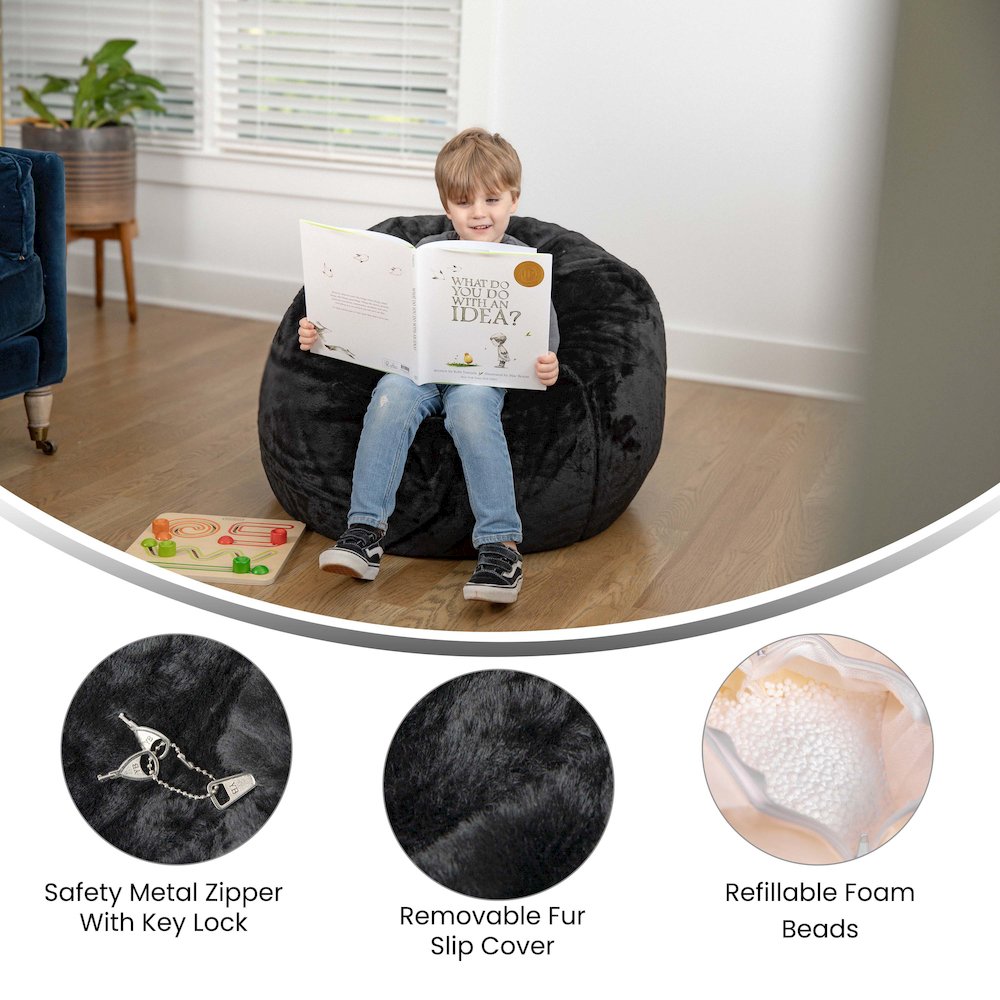 Dillon Small Black Furry Refillable Bean Bag Chair for Kids and Teens. Picture 5