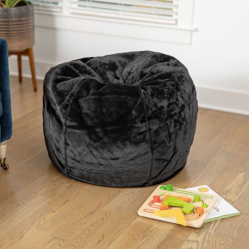 Dillon Small Black Furry Refillable Bean Bag Chair for Kids and Teens. Picture 2
