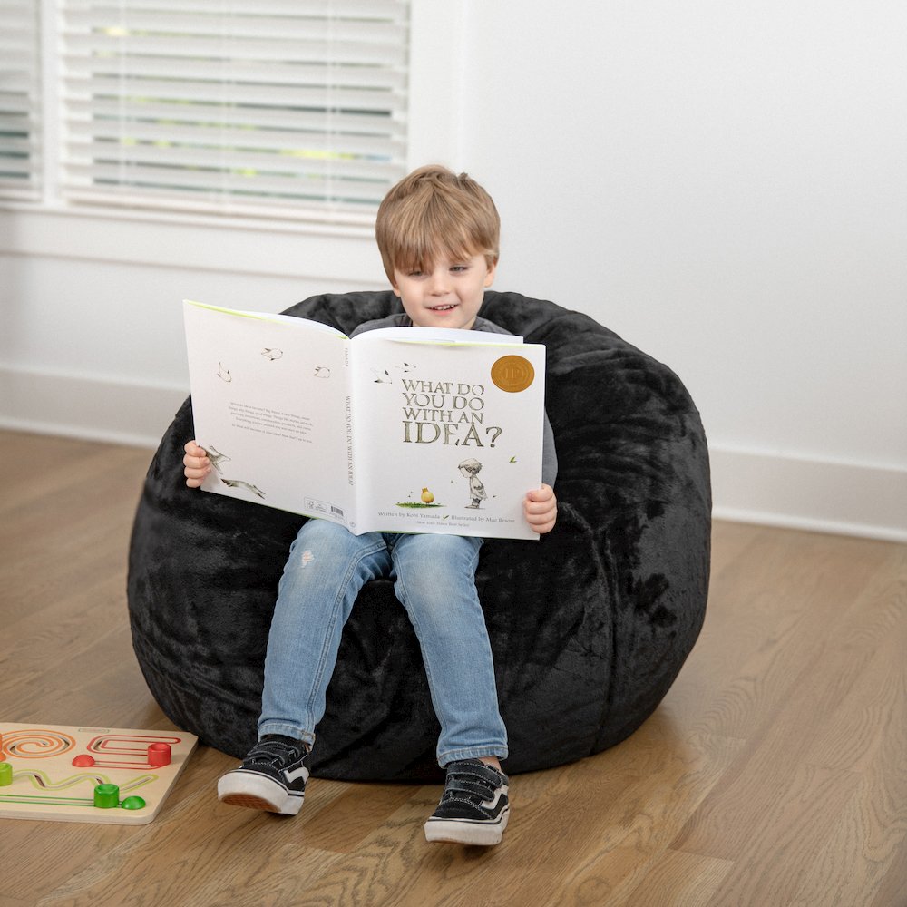 Dillon Small Black Furry Refillable Bean Bag Chair for Kids and Teens. Picture 3