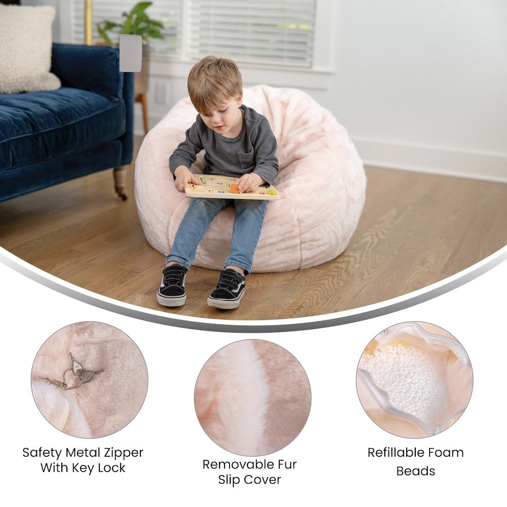Dillon Small Blush Furry Refillable Bean Bag Chair for Kids and Teens. Picture 5