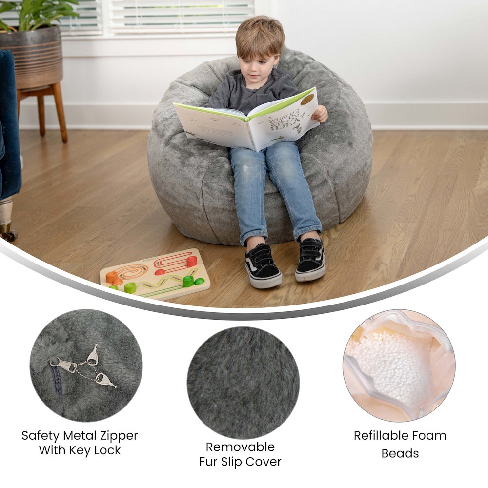 Dillon Small Gray Furry Refillable Bean Bag Chair for Kids and Teens. Picture 5