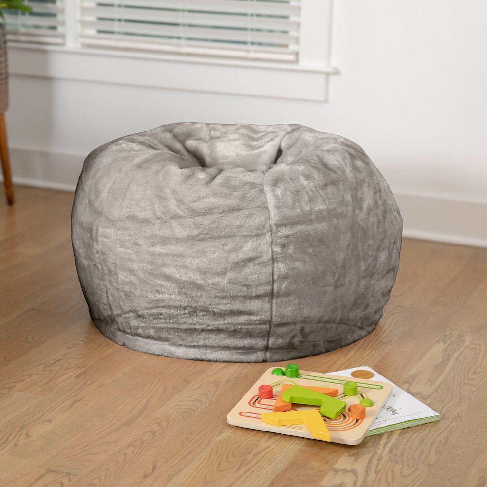 Dillon Small Gray Furry Refillable Bean Bag Chair for Kids and Teens. Picture 2