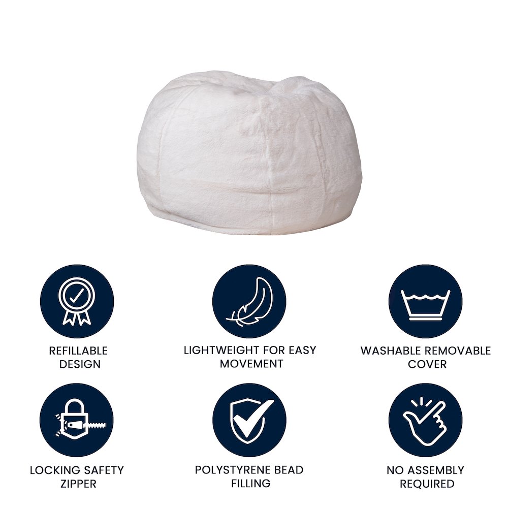 Small White Furry Refillable Bean Bag Chair for Kids and Teens. Picture 5