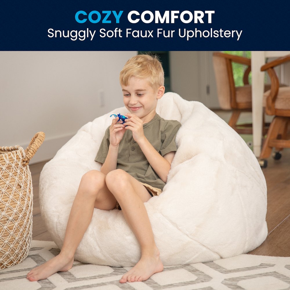 Small White Furry Refillable Bean Bag Chair for Kids and Teens. Picture 2