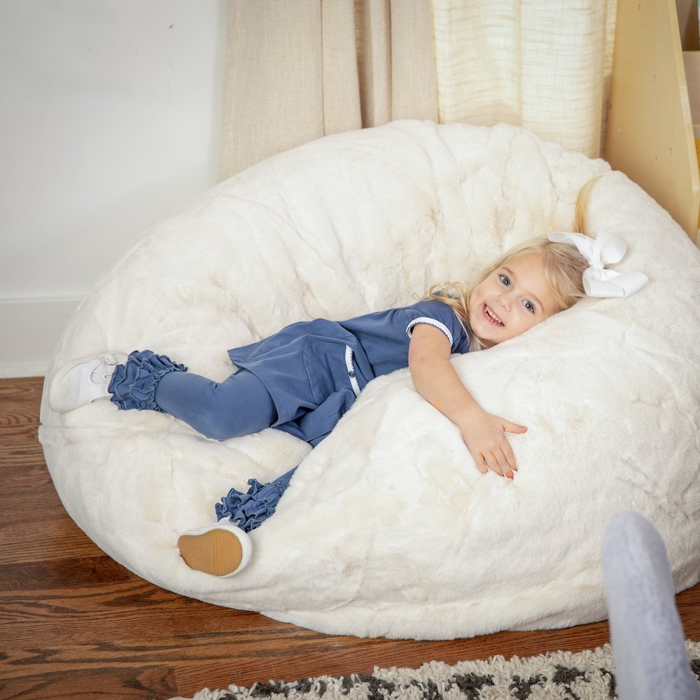 Small White Furry Refillable Bean Bag Chair for Kids and Teens. Picture 10