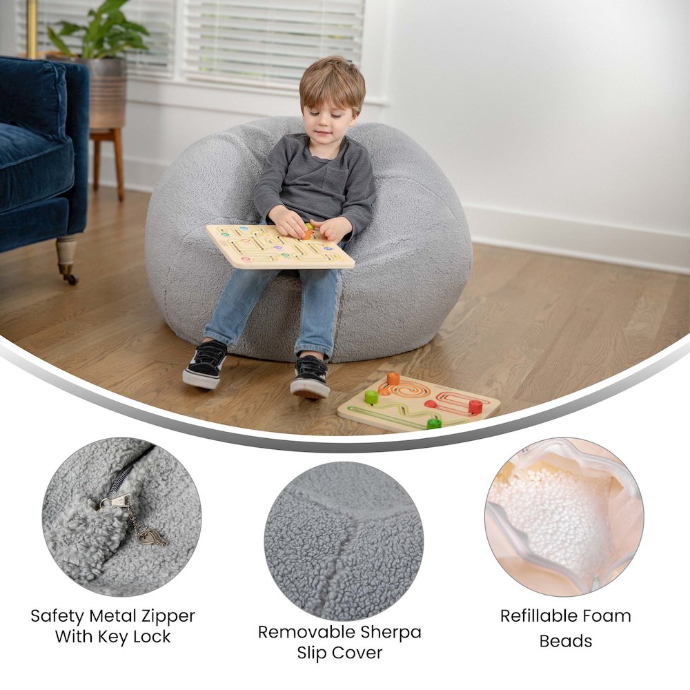Dillon Small Gray Faux Sherpa Refillable Bean Bag Chair for Kids and Teens. Picture 5