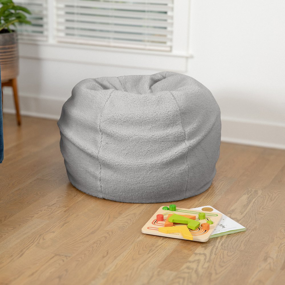 Dillon Small Gray Faux Sherpa Refillable Bean Bag Chair for Kids and Teens. Picture 2