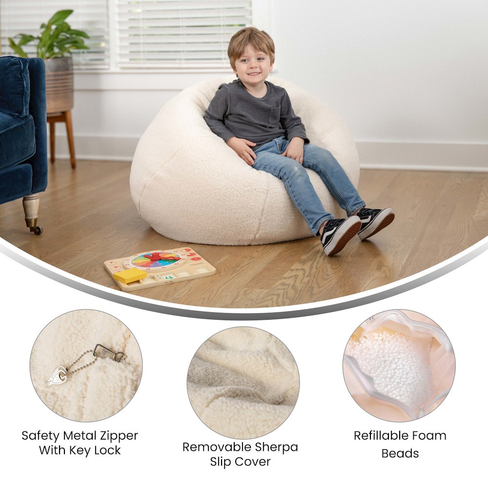 Dillon Small Natural Faux Sherpa Refillable Bean Bag Chair for Kids and Teens. Picture 5