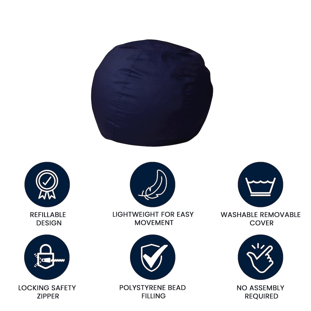 Small Solid Navy Blue Refillable Bean Bag Chair for Kids and Teens. Picture 5