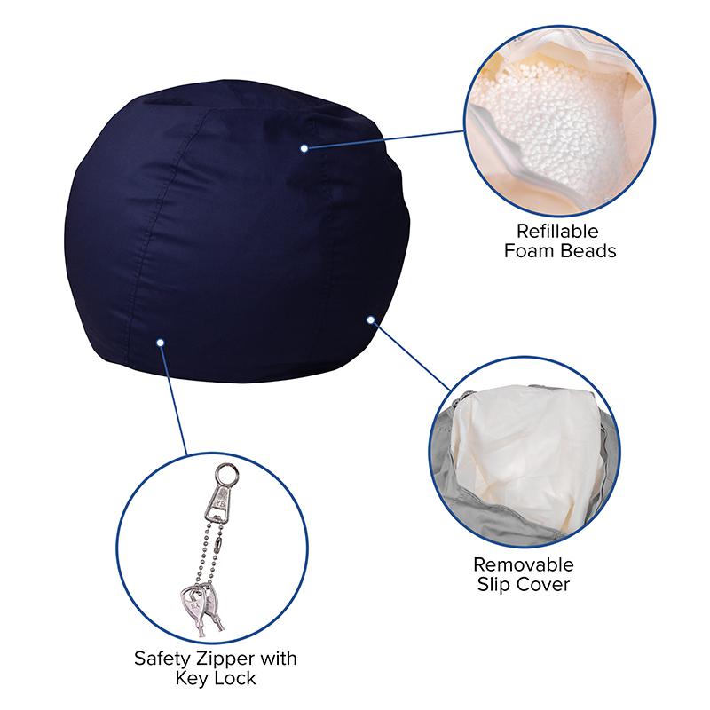 Small Solid Navy Blue Refillable Bean Bag Chair for Kids and Teens. Picture 5