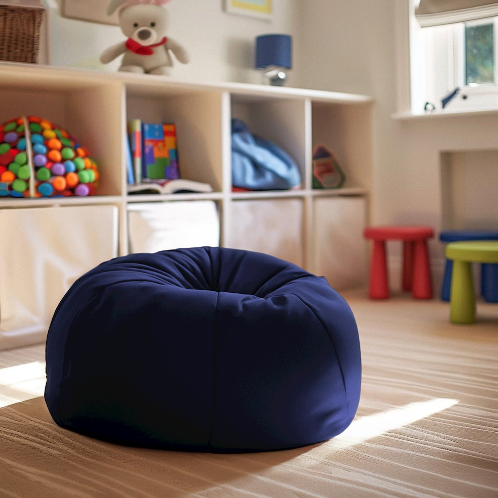 Small Solid Navy Blue Refillable Bean Bag Chair for Kids and Teens. Picture 3