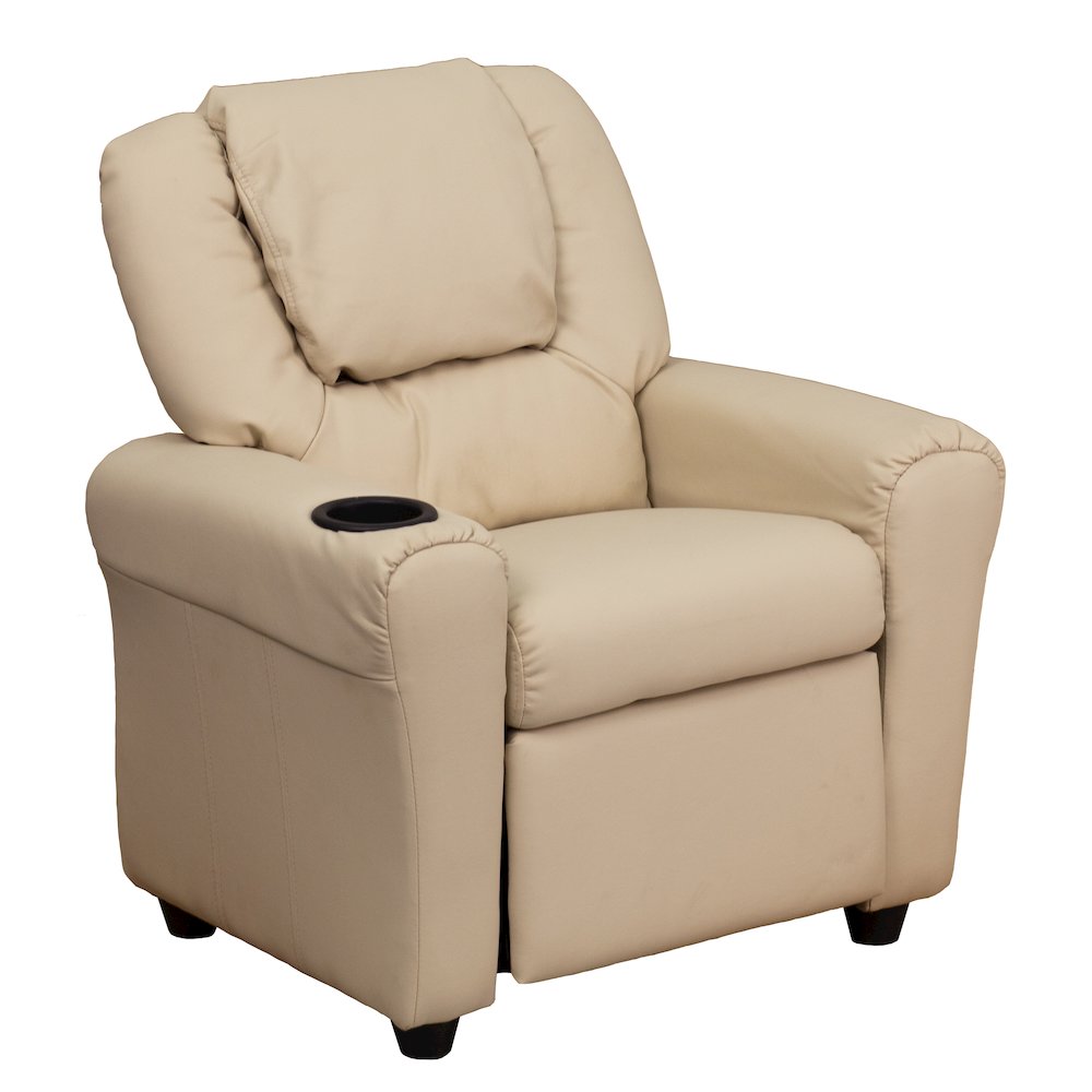 Contemporary Beige Vinyl Kids Recliner with Cup Holder and Headrest. Picture 1