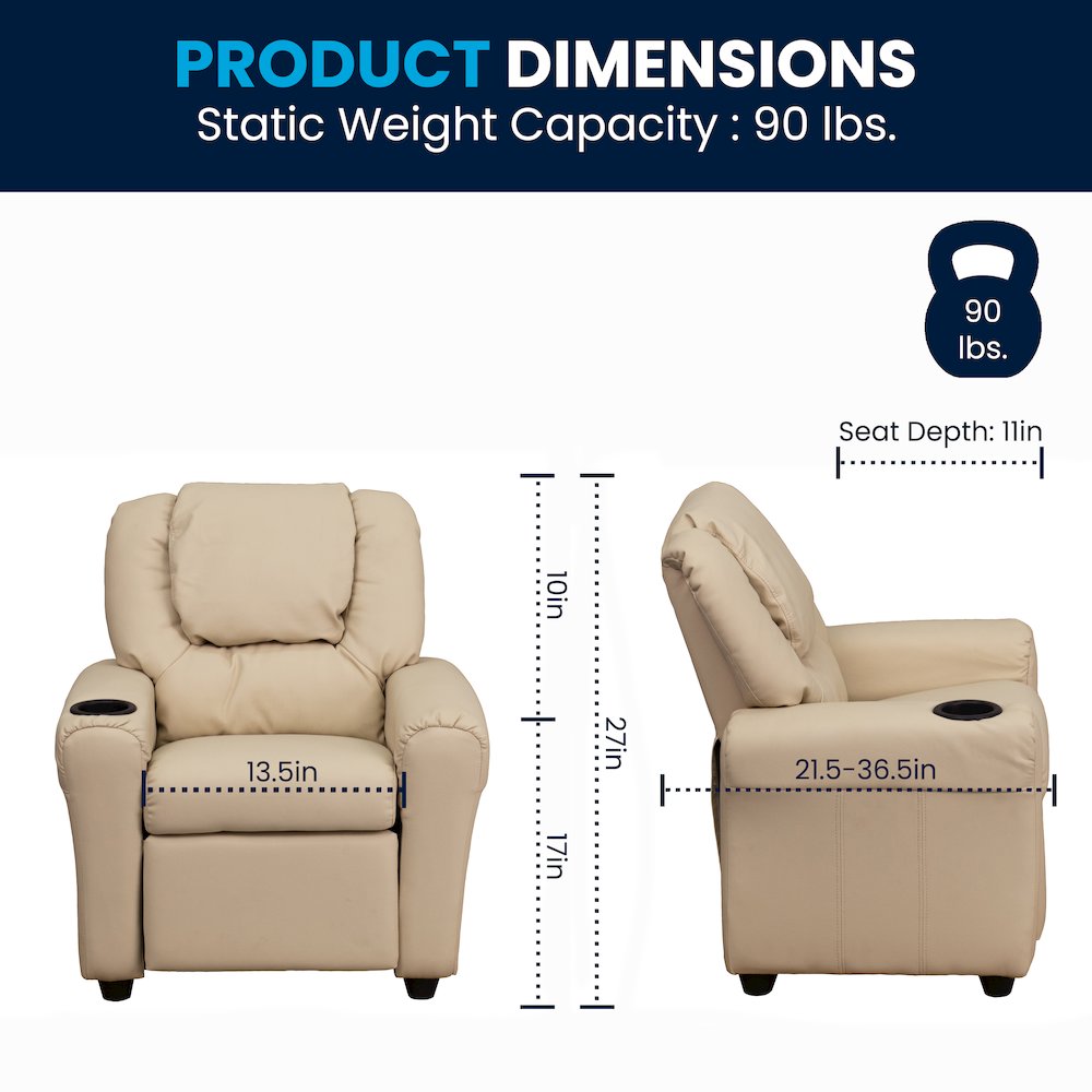 Contemporary Beige Vinyl Kids Recliner with Cup Holder and Headrest. Picture 2