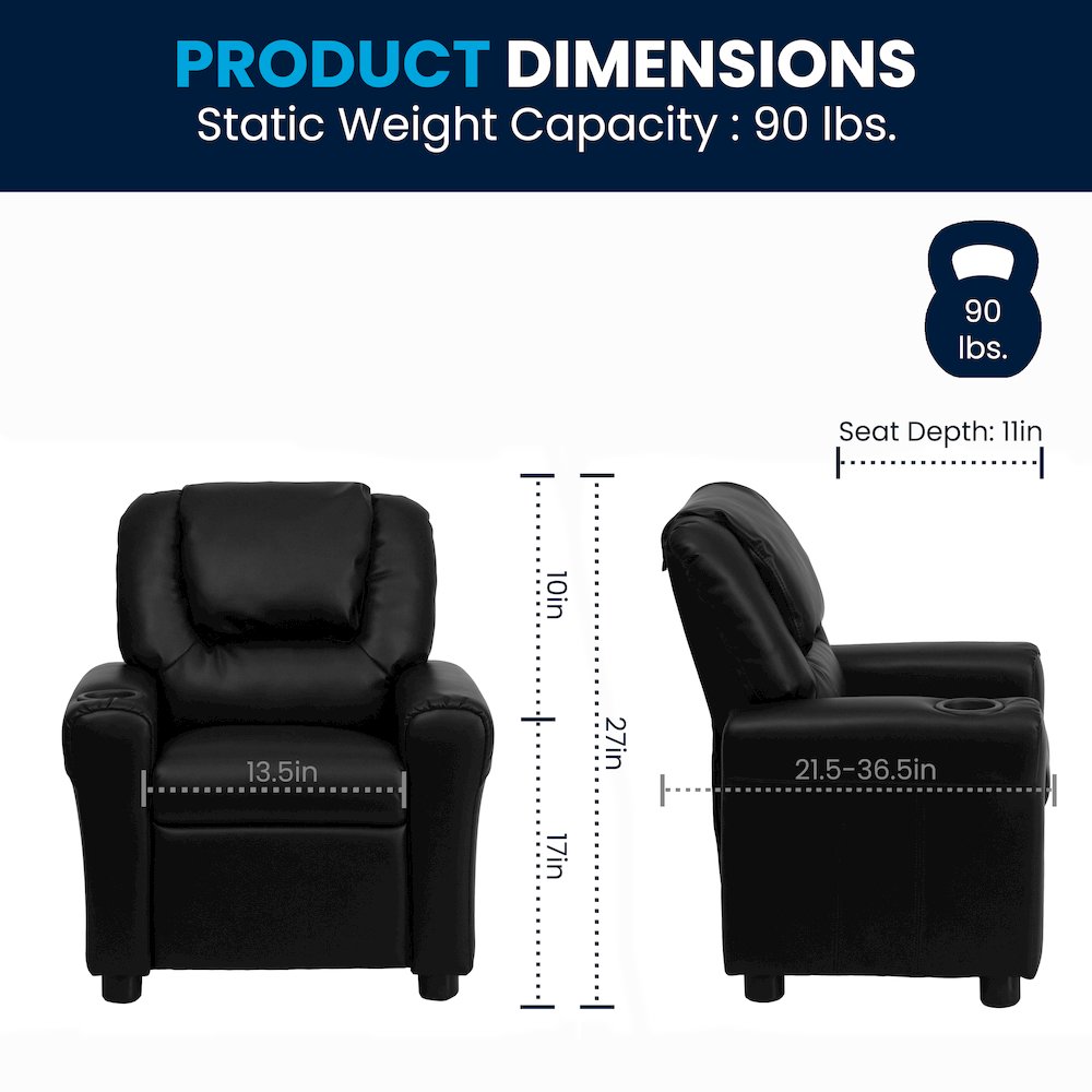 Contemporary Black LeatherSoft Kids Recliner with Cup Holder and Headrest. Picture 2