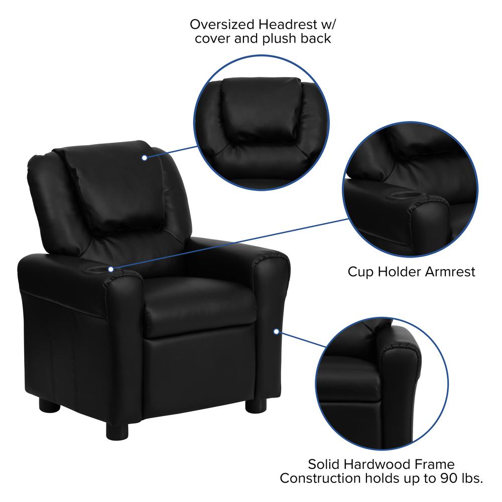 Contemporary Black LeatherSoft Kids Recliner with Cup Holder and Headrest. Picture 6