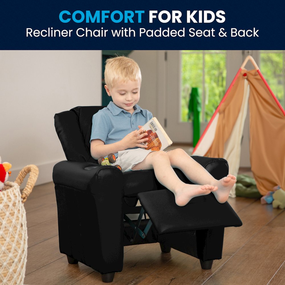 Contemporary Black LeatherSoft Kids Recliner with Cup Holder and Headrest. Picture 9