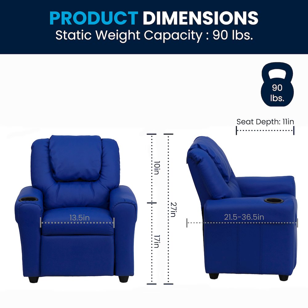 Contemporary Blue Vinyl Kids Recliner with Cup Holder and Headrest. Picture 2