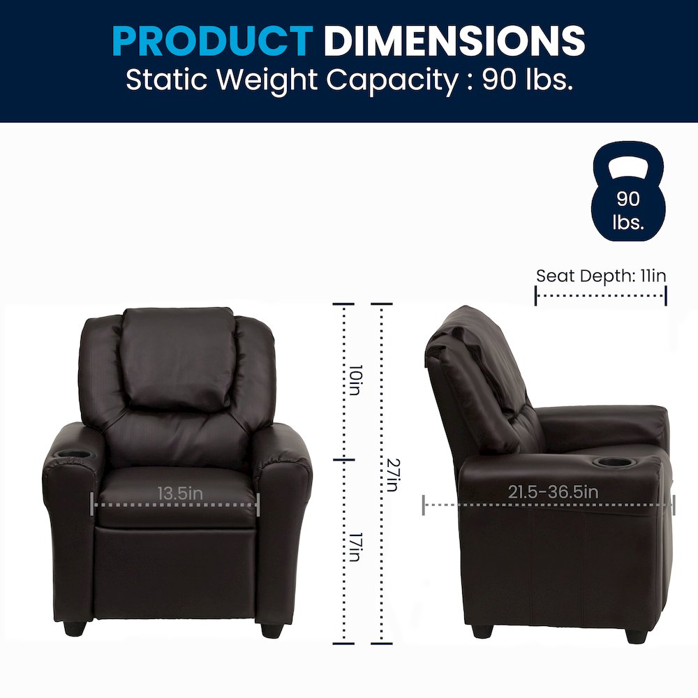 Contemporary Brown LeatherSoft Kids Recliner with Cup Holder and Headrest. Picture 2