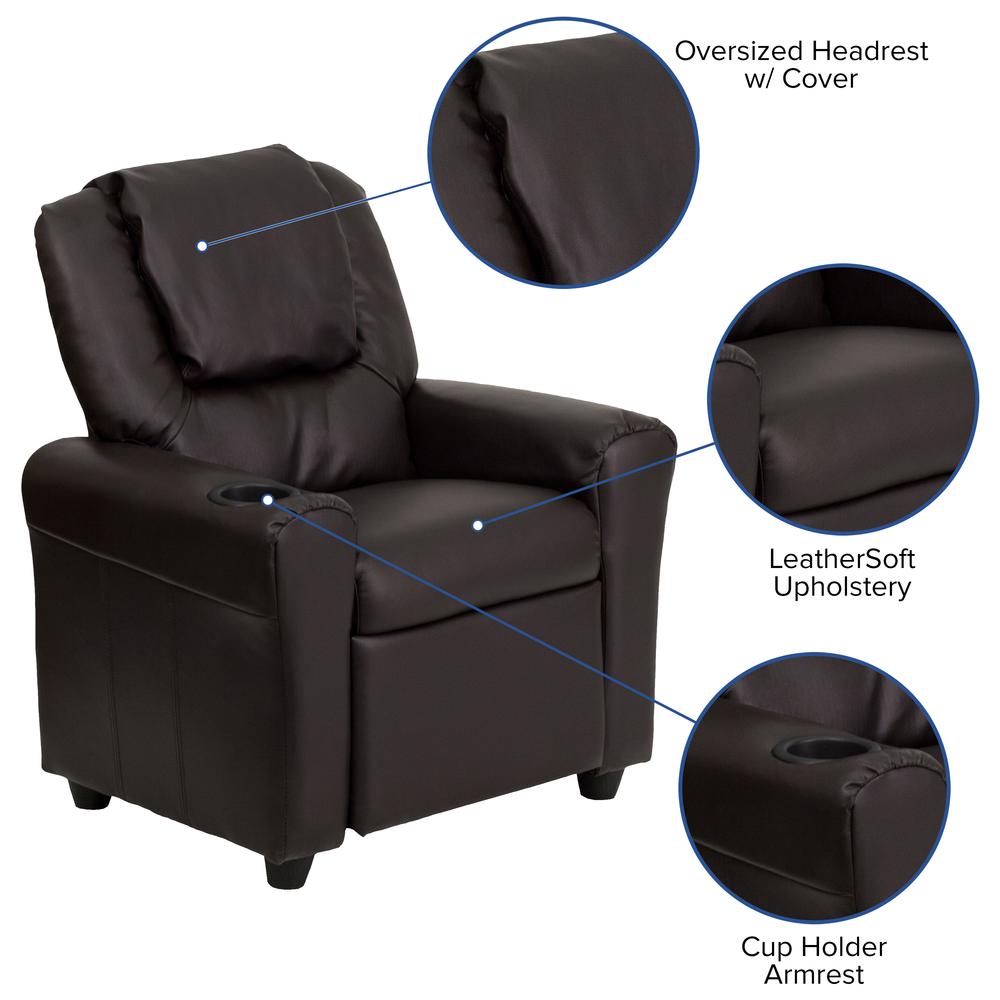 Contemporary Brown LeatherSoft Kids Recliner with Cup Holder and Headrest. Picture 7