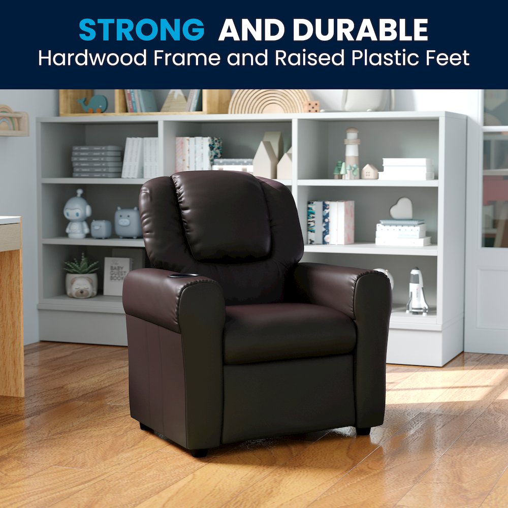Contemporary Brown LeatherSoft Kids Recliner with Cup Holder and Headrest. Picture 12