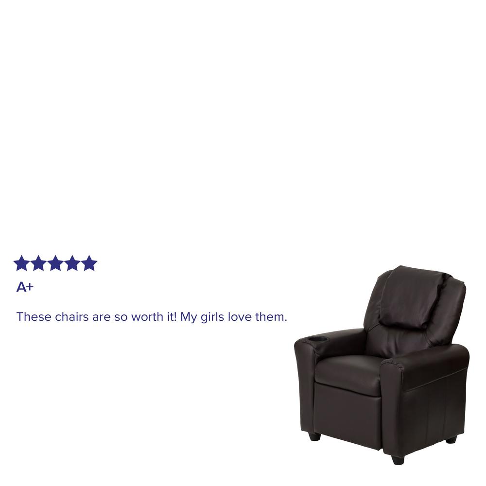 Contemporary Brown LeatherSoft Kids Recliner with Cup Holder and Headrest. Picture 13
