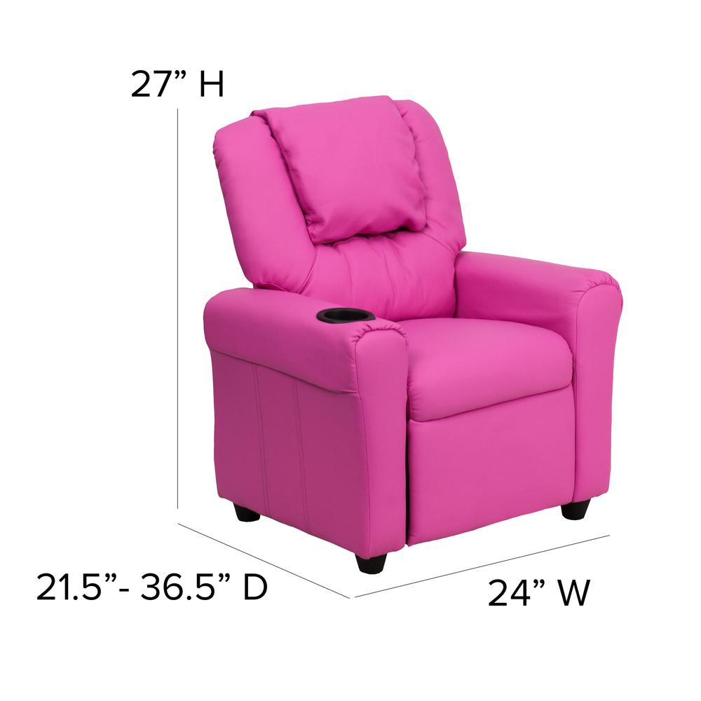 Contemporary Hot Pink Vinyl Kids Recliner with Cup Holder and Headrest. Picture 2