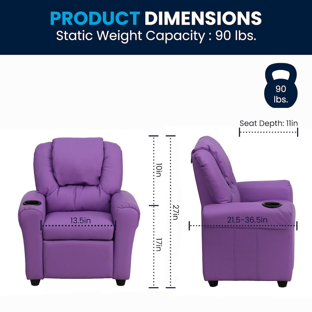 Contemporary Lavender Vinyl Kids Recliner with Cup Holder and Headrest. Picture 2