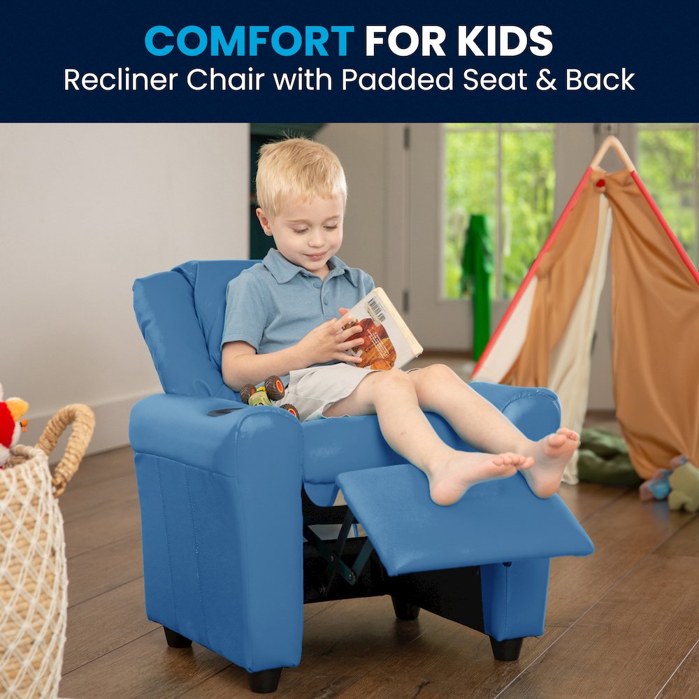 Contemporary Light Blue Vinyl Kids Recliner with Cup Holder and Headrest. Picture 5