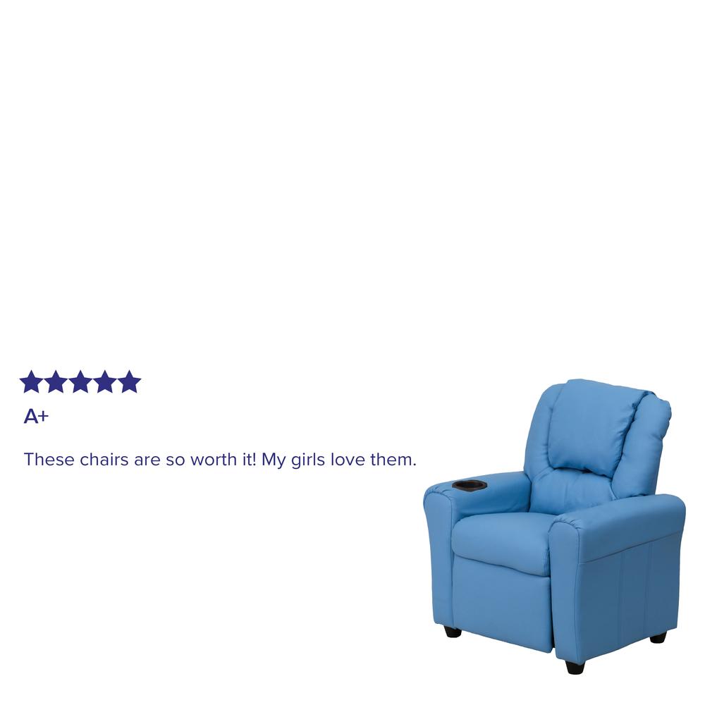 Contemporary Light Blue Vinyl Kids Recliner with Cup Holder and Headrest. Picture 6