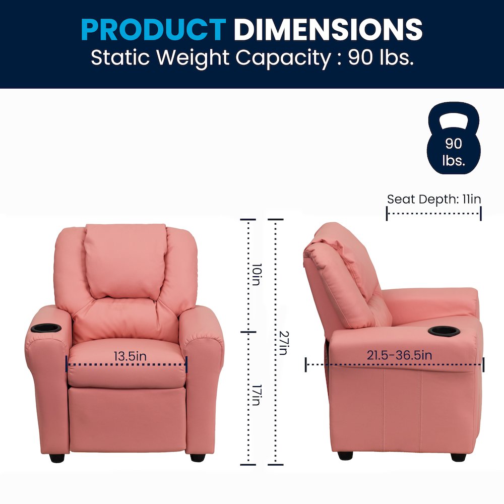 Contemporary Pink Vinyl Kids Recliner with Cup Holder and Headrest. Picture 2