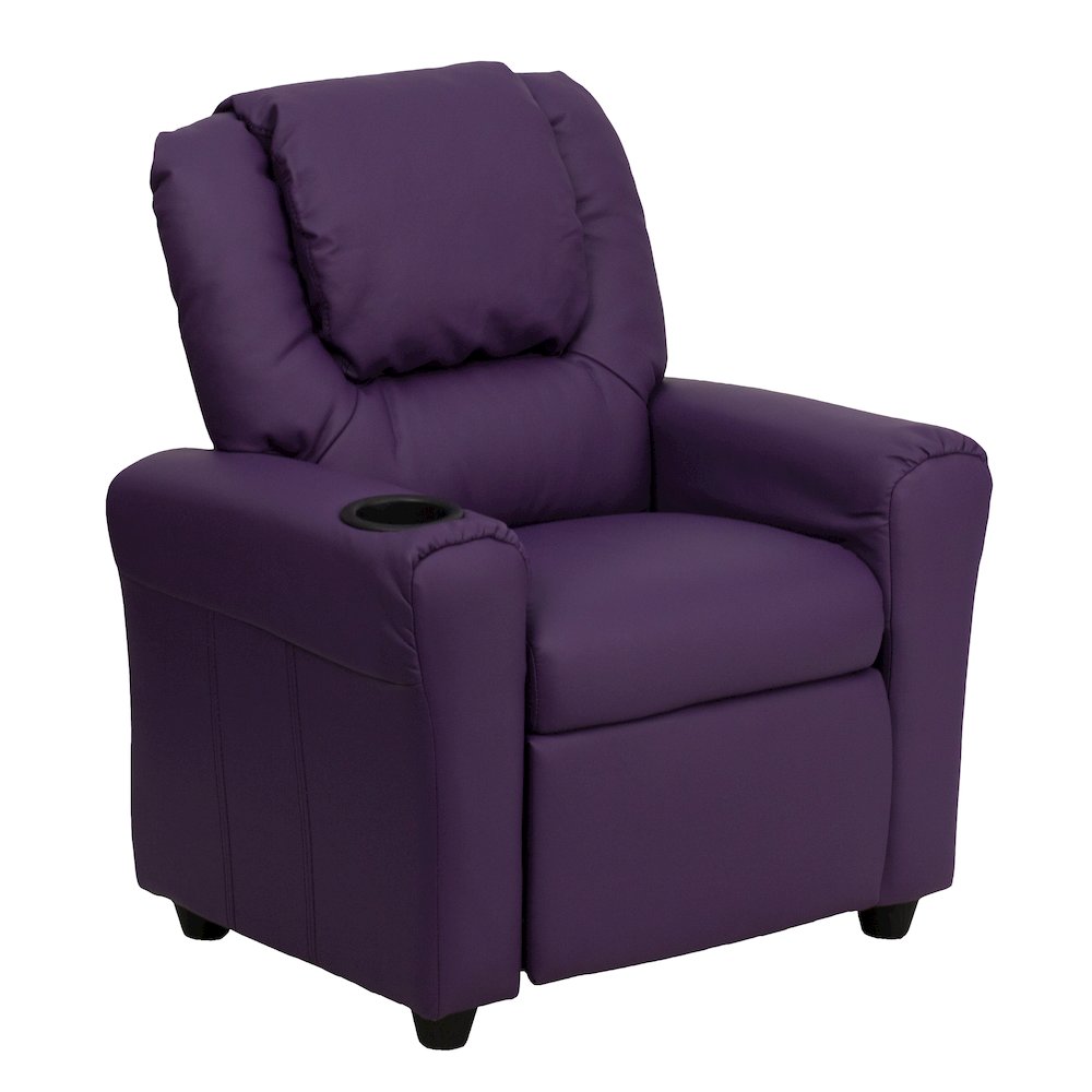 Contemporary Purple Vinyl Kids Recliner with Cup Holder and Headrest. Picture 1