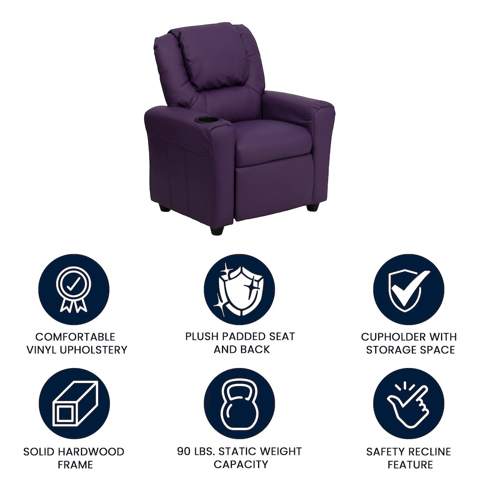 Contemporary Purple Vinyl Kids Recliner with Cup Holder and Headrest. Picture 5