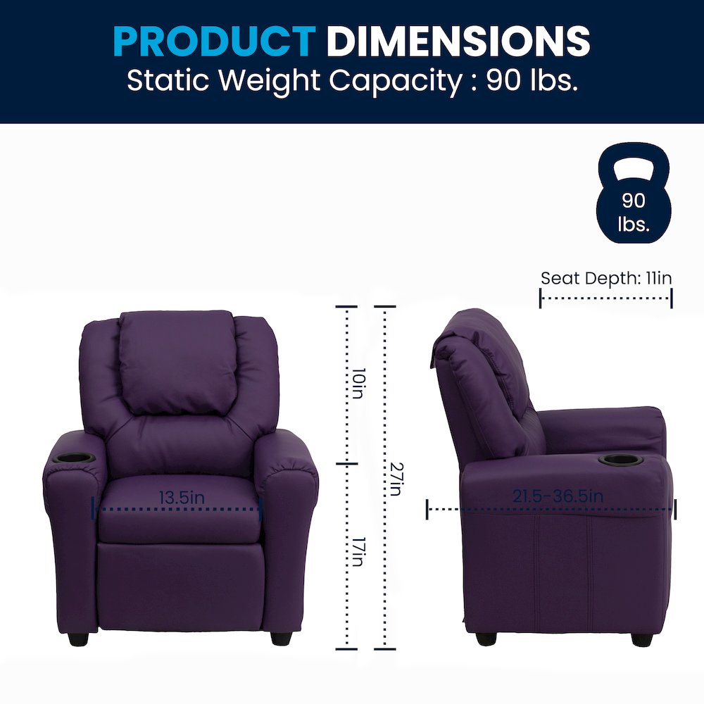 Contemporary Purple Vinyl Kids Recliner with Cup Holder and Headrest. Picture 7