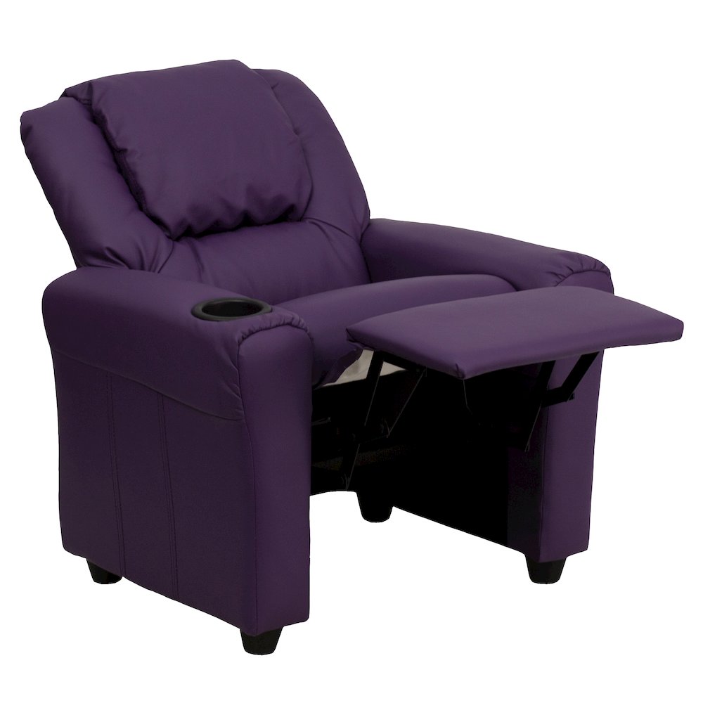 Contemporary Purple Vinyl Kids Recliner with Cup Holder and Headrest. Picture 10