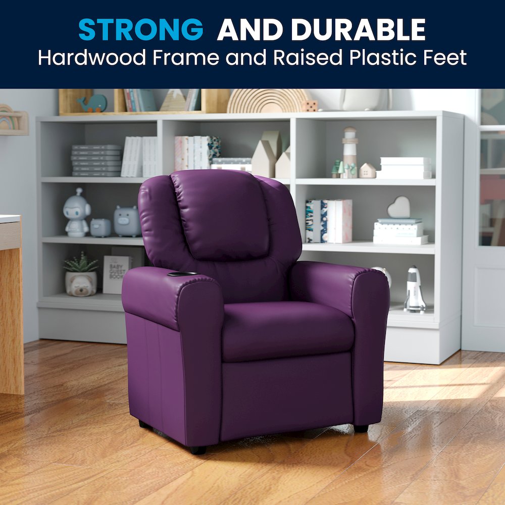 Contemporary Purple Vinyl Kids Recliner with Cup Holder and Headrest. Picture 3