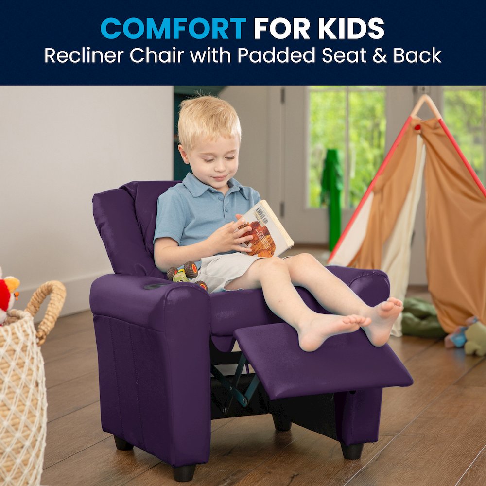 Contemporary Purple Vinyl Kids Recliner with Cup Holder and Headrest. Picture 2