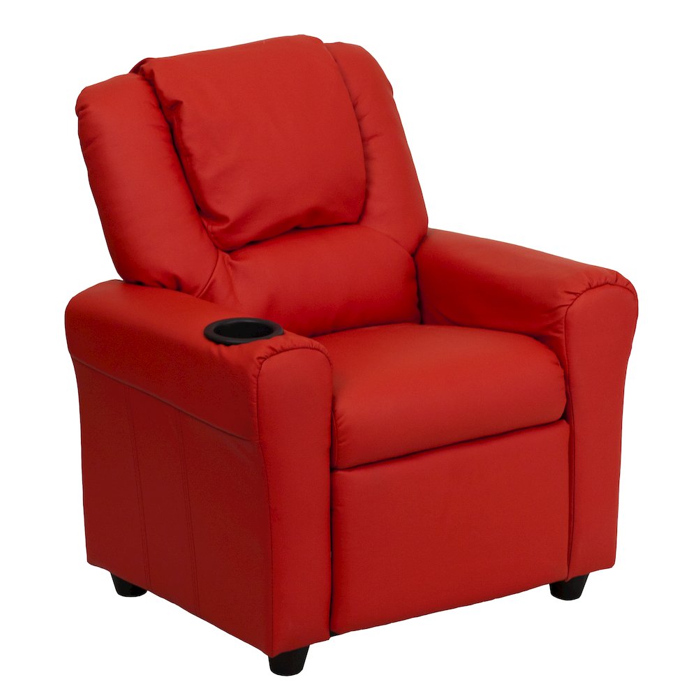 Contemporary Red Vinyl Kids Recliner with Cup Holder and Headrest. Picture 1