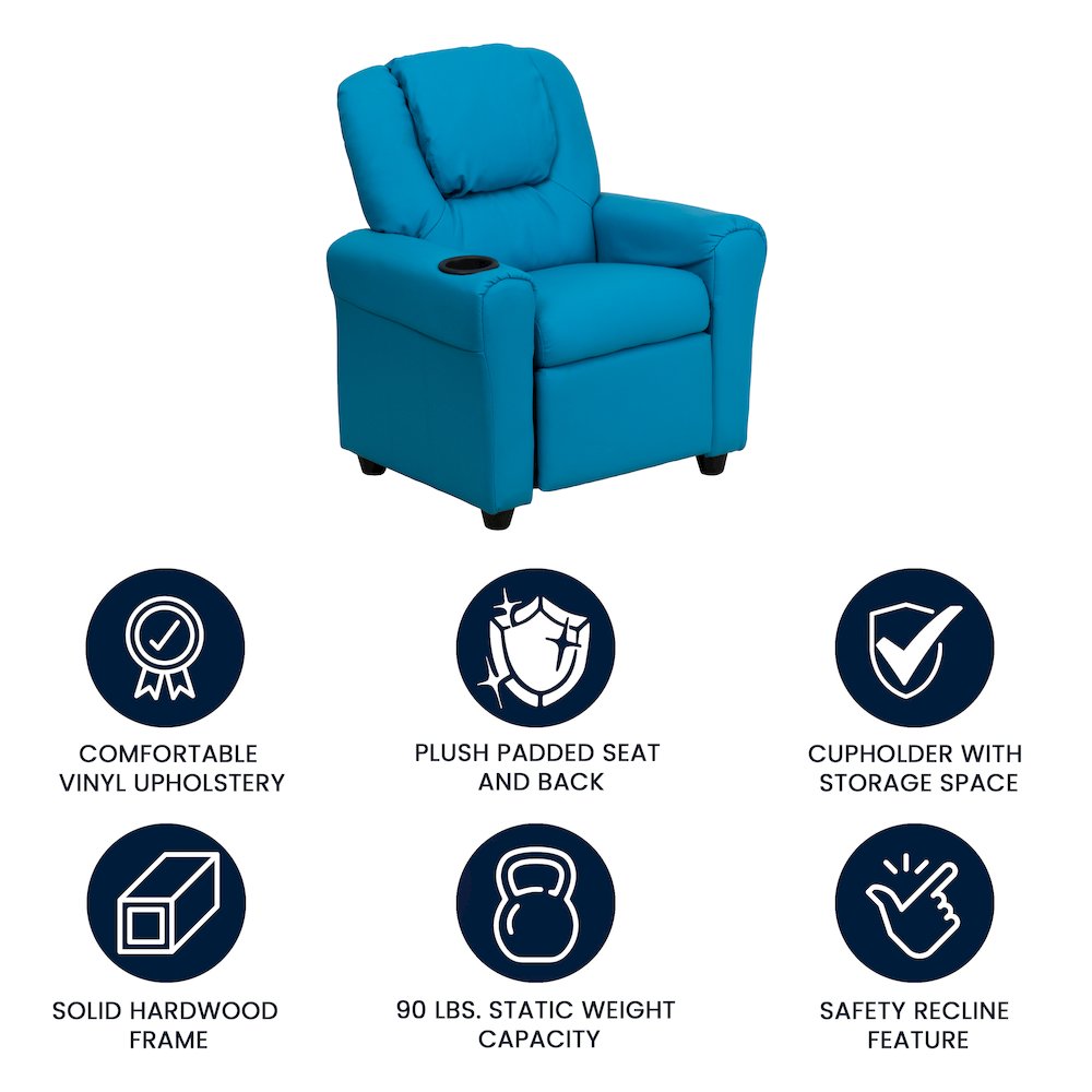 Contemporary Turquoise Vinyl Kids Recliner with Cup Holder and Headrest. Picture 5