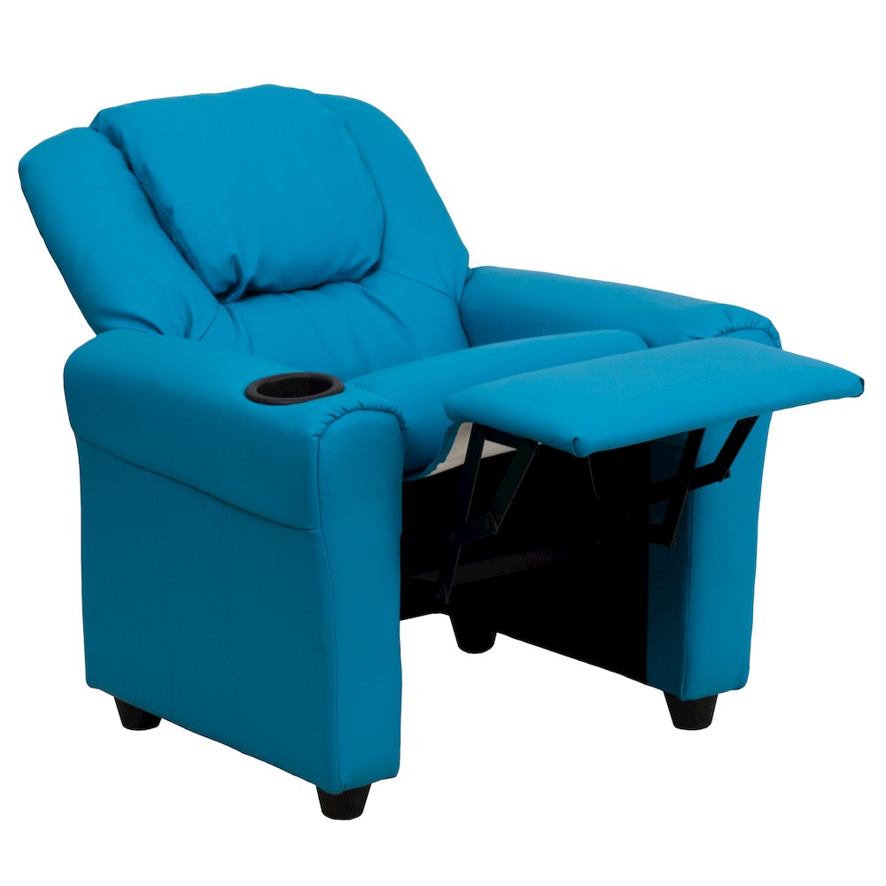 Contemporary Turquoise Vinyl Kids Recliner with Cup Holder and Headrest. Picture 10