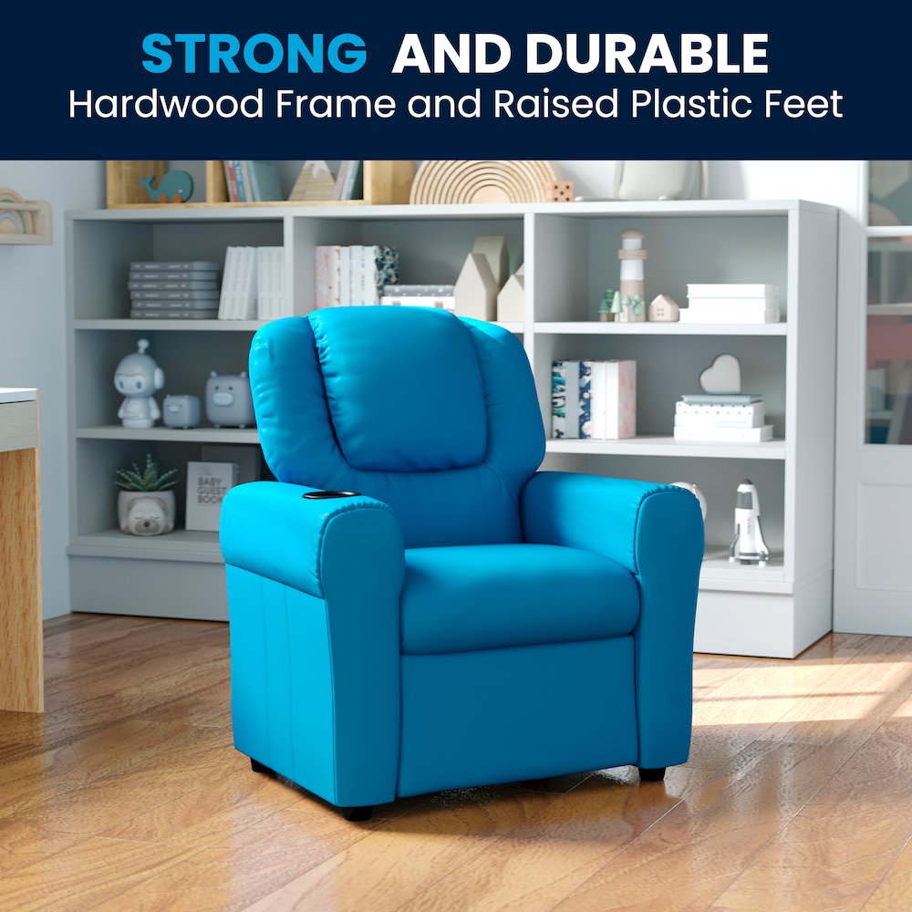 Contemporary Turquoise Vinyl Kids Recliner with Cup Holder and Headrest. Picture 3