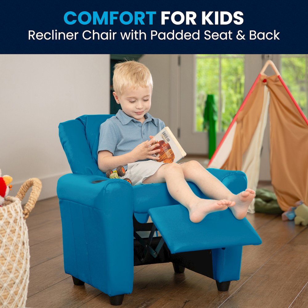 Contemporary Turquoise Vinyl Kids Recliner with Cup Holder and Headrest. Picture 2