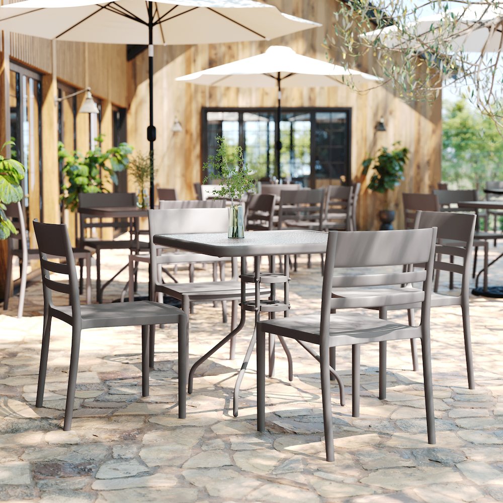 Bridgeport Stacking Patio Chair with Slatted Backrest in Gray. Picture 3