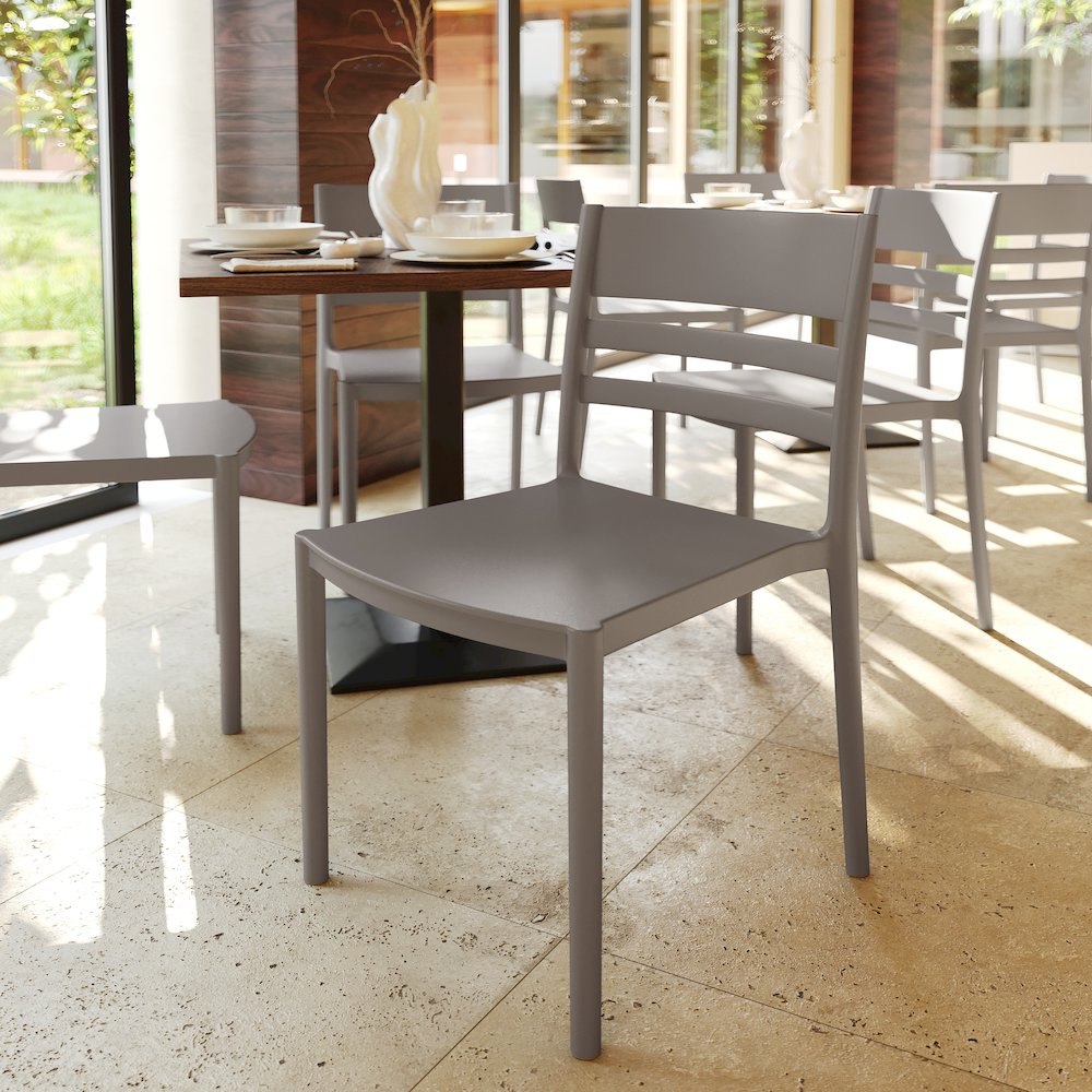 Bridgeport Stacking Patio Chair with Slatted Backrest in Gray. Picture 5