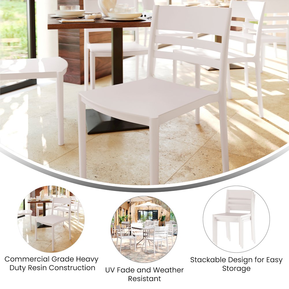 Bridgeport Stacking Patio Chair with Slatted Backrest in White. Picture 2
